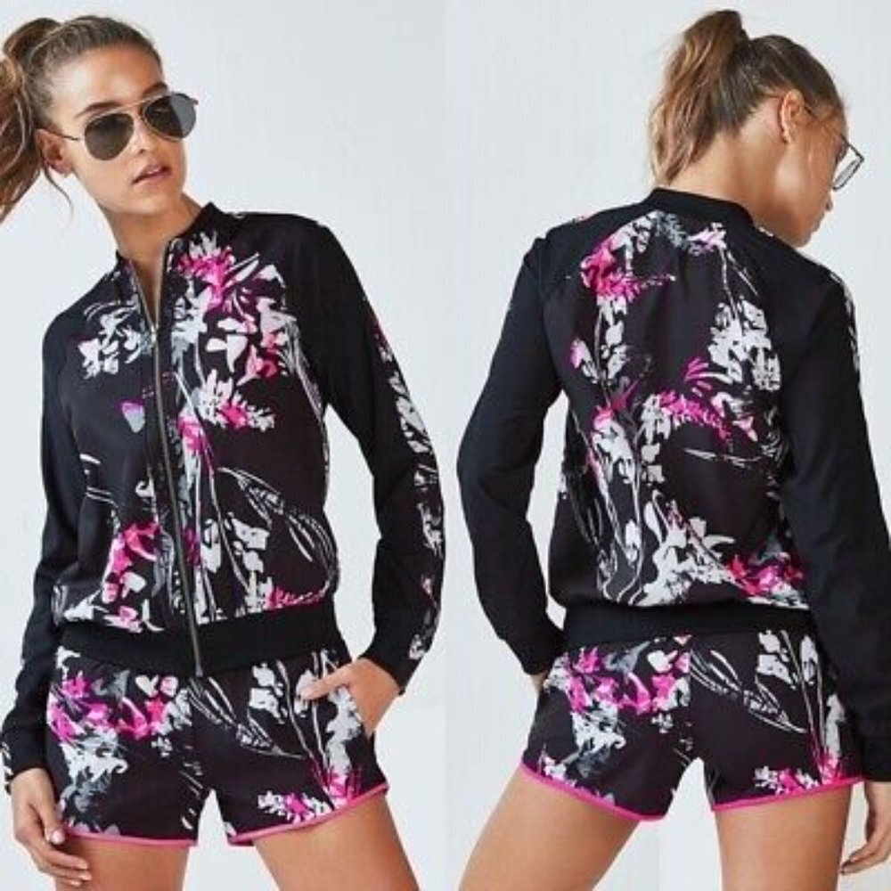 Fabletics Floral Zip-Front Bomber Jacket - Black with Pink & White Floral